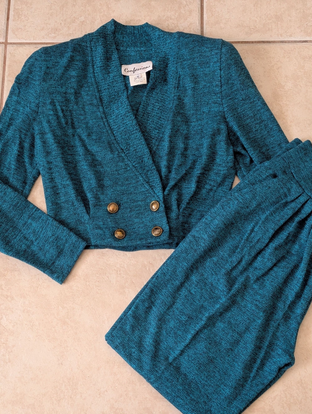 Vintage 80s Confessions Double Breasted Knit Fitted Blazer & Pleated Pants Small